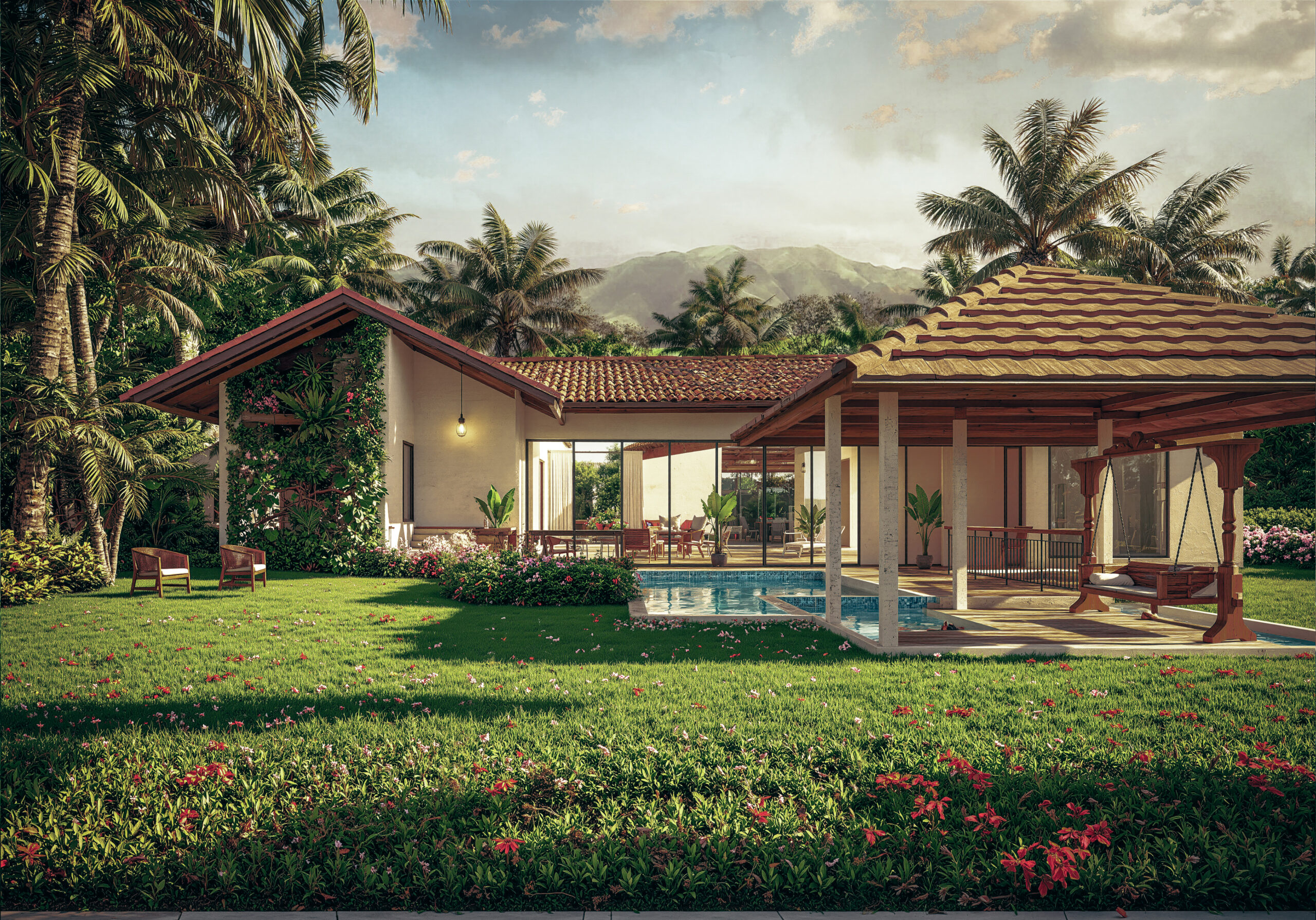 Roha Farm Estate green fields and cottages under blue sky